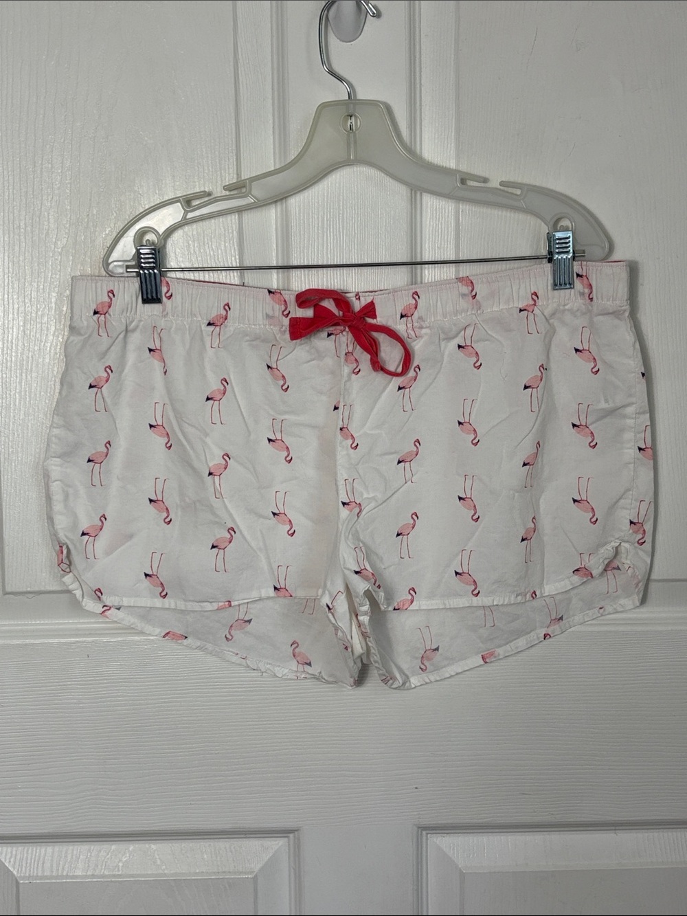 Women’s White Flamingo Print Cotton Sleep Shorts with Pink Tie
